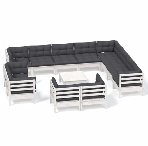 WEMYUFURN 13-TLG. Garten-Lounge-Set mit Kissen Weiß Massivholz Kiefer, Outdoor-Sitzgruppe, Terrassen-Lounge-Set, Garten-Couchgarnitur - Wetterbeständig, Komfortabel - für Terrasse, Garten und Balkon