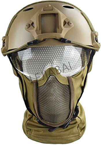 ANSNOW Casco Rápido Táctico Multifuncional Tipo Pj con Versión de Gafas Protectoras Contra el Sol Y Máscara de Malla Estilo Ninja de Diseño Plegable con Protección Facial Completa