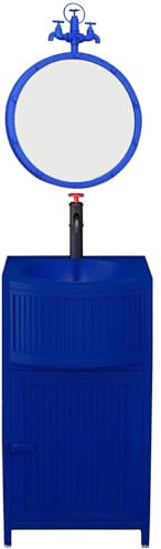 ZTGL Lavabo Bagno con Mobile, Stile Industriale Mobile Lavabo in Arte del Ferro, Colonna Colore Lavandino su Piedistallo, Lavabo Freestanding Bagno Set con Rubinetto E Scarico,Blu,with Mirror