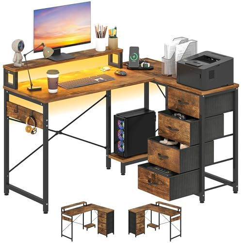 YITAHOME Computer Desk with Drawers L Shaped LED Power 130cm Vintage | Home office reversible corner desk, monitor stand, PC stand, 4 drawers, 2 hooks, 2 sockets, 2 USB, Gaming Desks with RGB LED