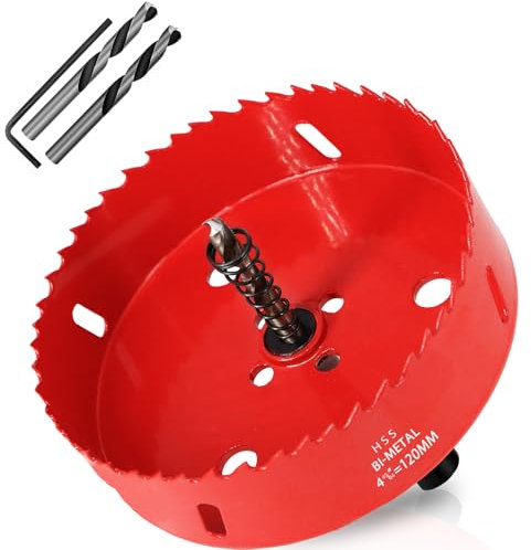 KACNON Seghe a Tazza Bi-Metallica 120 mm, M42 HSS Sega A Tazza Trapano, con Adattatore Esagonale e Punta di Centraggio, per Forare Plastica, PVC, Legno, Fibra di Legno, Metallo Dolce, Rosso