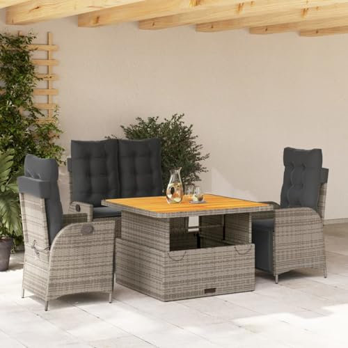 Homgoday 4-TLG. Garten-Essgruppe mit Kissen Gartenmöbel Set Balkonmöbel Sitzgruppe Gartenstuhl mit Tisch, Terrassenmöbel Sitzgarnitur Gartengarnitur Grau Poly Rattan