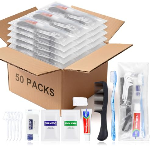 HQSLsund 50 Sets Bulk Hygiene Kits for Homeless,Basic Toiletry Kit Homeless Supplies Bulk,Disposable Toothbrushes with Toothpaste and Comb Individually Wrapped,Bath Soap,Shampoo,Body Wash,Floss Pick