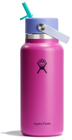 Hydro Flask Water Bottle - Insulated Stainless Steel - Wide Mouth Flex Straw Lid, Non Spill, Leakproof and Refillable in 32 Oz Holiday Punch