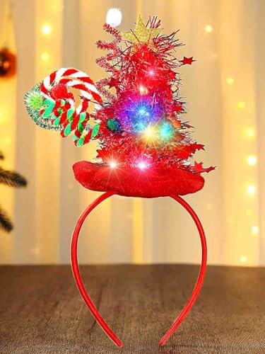 Evlry LED Weihnachts Haarreif Leuchtendes Weihnachtsbaum-Mützen-Stirnband Neujahrskostüm Haarschmuck für Frauen (Rot)