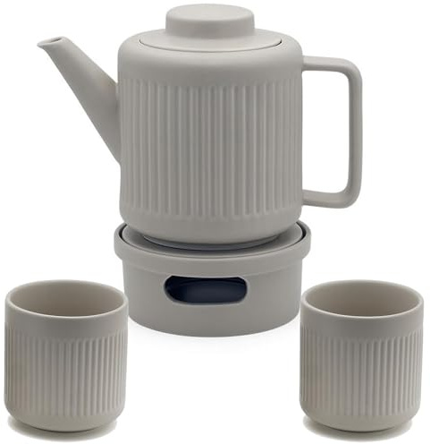 Bredemeijer Teekanne Set 1.2 Liter graues Porzellan mit Edelstahl Tee-Filter Sieb-Einsatz für losen Tee & Teebecher 2 Stück & Stövchen für 1 Teelicht - ideal für duftende & blumige Teesorten