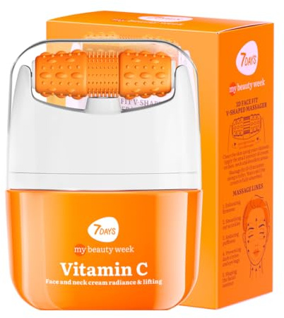 7Days Crema Viso alla Vitamina C per Skincare Coreana con Acido Ialuronico e Complesso di Oli ad Effetto Idratante e Antirughe per Uomo e Donna con Rullo Massaggio Collo e Decollete 3D 40 ml