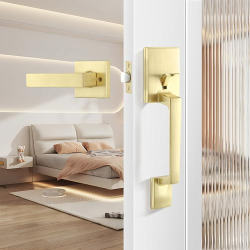 Leydebong Gold Front Door Handle Set with Reversible Lever - Exterior Door Handle Set for Right or Left Handed Doors, No Lock Entry Door Handle Lever, Satin Brass Finish