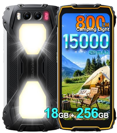 Blackview BV7300 Outdoor Handy ohne Vertrag 2025, 18GB+256GB Outdoor Smartphone Android 14, 2 * 800LM Campinglampe, 50MP+32MP, 6.67, 15000mAh, IP68 Wasserdicht Baustellenhandy, 4G LTE,NFC,GPS,Orange