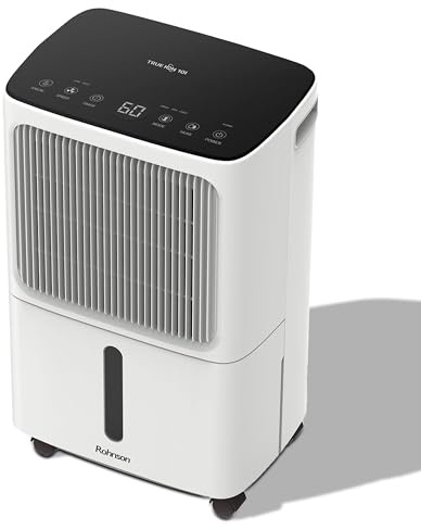 Rohnson Deshumidificador – 10 L/día, para 45 m², depósito de 2 L, silencioso 36 dB, ruedas de transporte, eficiente, ionizador, secado de ropa, control de humedad digital, temporizador 24h