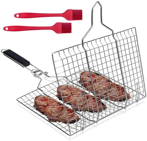 NEWJEK Cestino per Barbecue, Cestello per Barbecue in Acciaio Inossidabile, 32 x 22 CM Cestino da Barbecue Pieghevole con 2 Spazzole in Silicone per Pesce, Bistecche, Gamberetti e Verdure