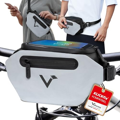 Valkental x KLICKfix 3in1 Lenkertasche 4L, Handyfach, Ebike geeignet | Vollreflektierend für hohe Sichtbarkeit, wasserfest, nutzbar als Lenker- & Bauchtasche, 4L Volumen, ebike geeignet