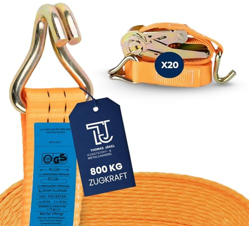 TJ Spanngurte mit Ratsche & Haken 20 Stück I Zurrgurt zweiteilig I 6m Länge I 25mm Breite I Ratschengurte mit 800kg Belastbarkeit I TÜV & GS-Zertifiziert I Zurrschlaufen für sichere Lastenbefestigung