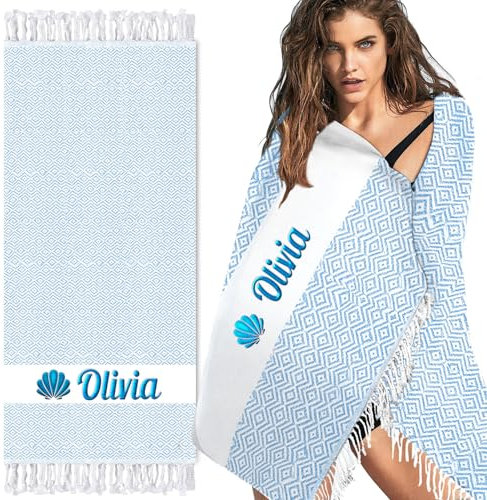 Jodimitty Personalisiertes Strandtuch 180x100cm Türkischer Stil Poly-Baumwoll Hamamtuch Saunatuch Badetuch Duschtuch Yogatuch, Dick und Weich für Erwachsene, personalisiertes Geschenk (Hellblau)