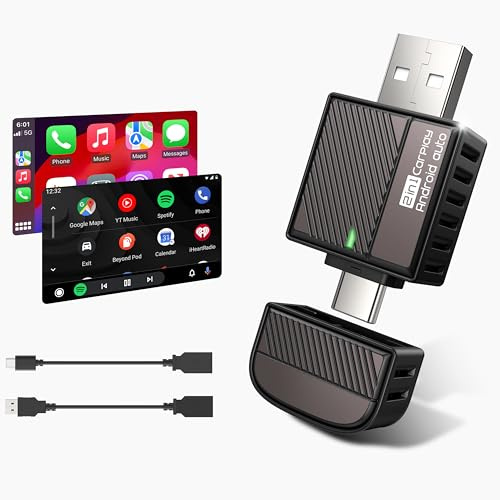 Adaptador inalámbrico para Android Auto y CarPlay 2 en 1 que convierte con cable a inalámbrico 2025, dongle Plug and Play con baja latencia, conecta para coches iOS10+/Android 11+, marrón