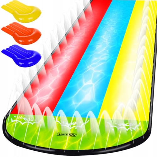 KRUZZEL Wasserrutsche für Kinder mit Fontäne – Dreifach-Slide 475x202 cm | Gartenrutsche Inkl. 3 Boards + 6 Flickensets | Ab 5 Jahren | Bis 150 kg |