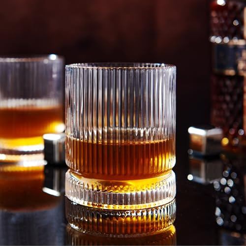 VUNDO Crystal Whiskey Glasses Set of 2, 12 Oz Ribbed Double Base Heavy Duyt Old Fashioned Rock Glass Set