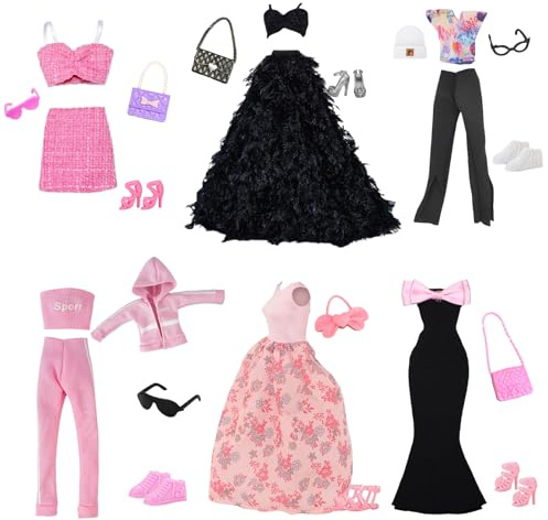 Lot de 20 vêtements et Accessoires pour poupées, Contient 3 Robes de soirée, 2 Ensembles de Hauts et Pantalons de Loisirs, 1 Ensemble Tendance 6 Chaussures, 8 Accessoires pour