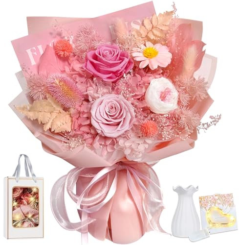 Blumenstrauß mit Vase, Ewige Rosen Strauß, Infinity Konservierte Echt Blumen Rosestrauß in Geschenkbox, Geschenke für Frauen Ehefrau Freundin zum Geburtstag Valentinstag Muttertag Weihnachten