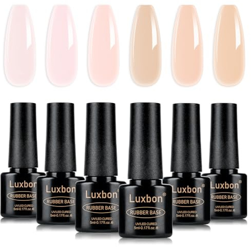 Luxbon 5 IN 1 Set di Rubber Base Gel Smalti Semipermanente per Unghie in Gel, 6 colori Apex Building Smalto gel nudo autolivellante rosa pesca Neutro trasparente UV LED Soak Off Kit 006