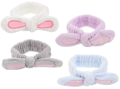 4 Pezzi Fascia per Lavaggio con Orecchie Coniglio e Fascia Elastica per Skincare e Accessorio per Doccia Spa e Yoga