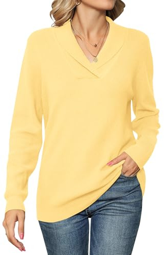 IECCP Womens Jumpers V Neck Long Sleeve Knit Pullover Top Light Yellow