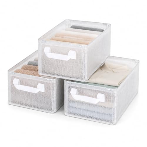 Goesort 3 Pack Storage Box with Steel Frame Support, Foldable Wardrobe Baskets with Handles, Clear Storage Baskets for Clothes, Toys, Towels, Office, Medium