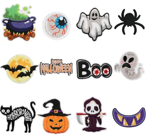 LYNSAN 12 Stück Halloween Flicken zum Aufbügeln Kinder Happy Halloween Dekoration Patches Bügelflicken Kürbis Geistern Schädeln DIY Zubehör Fledermäuse für T-shirt Jeans Hut Junge Mädchen Party