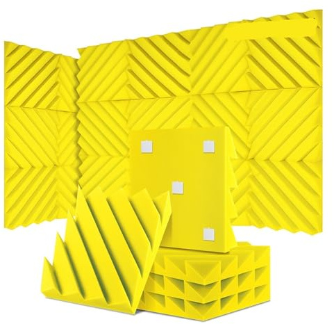Sound Proofing Panels 12/24 Pcs Home Studio Acoustic Absorption Panel Groove Sound Absorber High Density 3d Decorative Wall Panels(LXC-Yellow,24 Pcs,Medium Density)