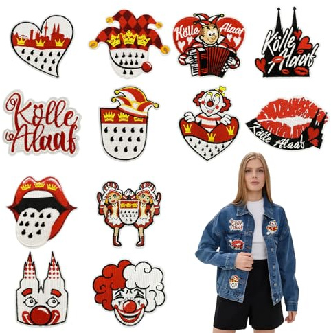 12 Stück Kölner Karneval Bügelbilder, Köln Kölner Rot Weiß Bügelbild, Bügelbilder für Textilien Mädchen Karneval Accessoires, Aufbügeln Kölle Alaaf Bügelflicken für Kleidung Hosen Hüte