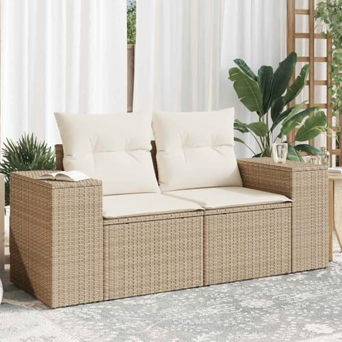 Holamys Gartensofa mit Kissen, 2-Sitzer, Beige Poly Rattan, UV-beständig, Stauraum, wasserfester Beutel, modulares Design, für Terrasse, Balkon