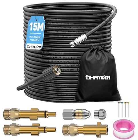 15M Tuyau Déboucheur Canalisation Haute Pression pour Kärcher, Lavor, Bosch | 180Bar Kit Furet Professionnel, 3 Adaptateurs Cuivre Robustes pour Karcher K2-K7 HD HDS/Parkside, 2 Buses: Rigides/Rotatives
