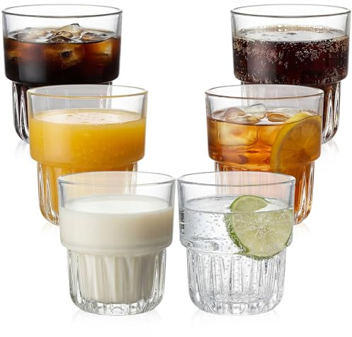 Yiyiring 6 Pack Stackable Drinking Glasses 8.8 oz Clear Glass Cups for Iced Coffee Juice Beer Cocktail, Modern Space Saving Mugs for Bar, Restaurant