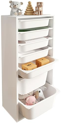 LEOKIDS Spielzeug-Aufbewahrungsbox für Kinderzimmer – Kinderregal mit 7 Boxen, Spielzeugschrank und Bücherregal für Kinder – Spielzeugkisten Organizer (7 Boxen, MDF)
