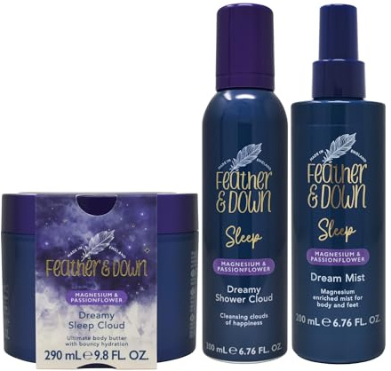 Feather & Down Magnesium & Passionflower Sleep Set – Dream Mist (200ml), Shower Mousse (200ml) & Whipped Body Butter (290ml) – Calming Aromatherapy for Sleep & Stress Relief