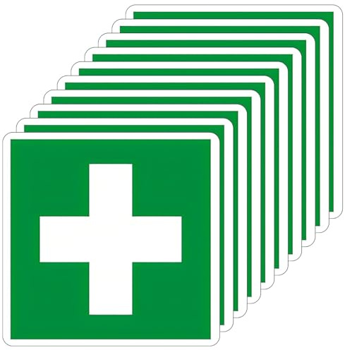 Gtwinsone 10pcs Erste Hilfe Schild Selbstklebend PVC Grünes 10x10cm Aufkleber Erste Hilfe für Verbandkasten ISO 7010 Piktogramm Kreuz Rettungszeichen Hinweisschild,Wasserdicht und Verschleißfest