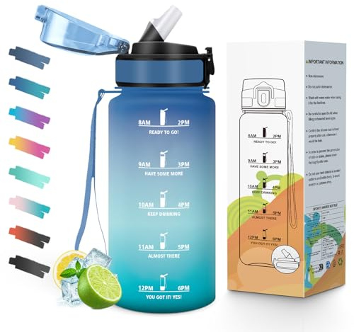 Mulbijeo Gourde avec Paille, 500ml en Plastique, Gourde Sport, Anti-Fuite BPA Free, Bouteille d’Eau, Large Ouverture & Dragonne, Gourdes Graduée pour 1 Journée, Idéale pour Fitness, École, Bureau