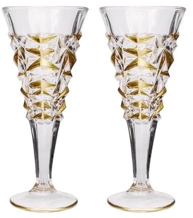 Puremagics Set di 2 calici da champagne in cristallo dorato dipinti a mano, regalo unico per festa della mamma, compleanno, matrimonio, ideali per degustazione di vino, uso quotidiano (200 ml) (oro)
