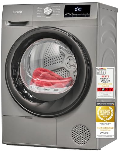 Exquisit Wärmepumpentrockner 7 kg - 15 Programme, Titanium Grau | Knitterschutz, Startzeitvorwahl 4–24 Std., Restlaufzeitanzeige, herausnehmbarer Flusenfilter