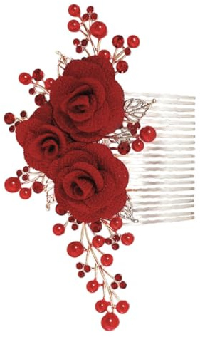 GRIRIW Brauthaarschmuck mit Rosenmotiv, roter Haarkamm aus Zinklegierung und Stoff, wiederverwendbar, für Verlobungen und festliche Anlässe, Haardekoration für Bräute und Brautjungfern