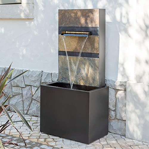 Primrose 100cm Zinc & Stone Black Blade Cascade Outdoor Water Feature Trough with LED Lights