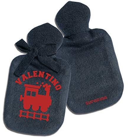 Personalisierter Wärmflaschen-Bezug mit Namen und Motiv Eisenbahn Lok Rot Blau von SupaRina, Farben und Motiv nach Wahl, befüllbar kalt oder warm, weicher Fleece, 28x16 cm, auch mit Flasche 0,8 l