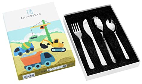 Zilverstad Couverts pour enfants véhicules de chantier, 4 pièces, acier inoxydable 304, argenté, 21,5 x 15,5 x 2,5 cm (gravure jusqu'à 20 caractères)