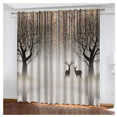 Daesar Gardinen Vorhänge Polyester Motiv 2 Stück, Hirsche und Bäume Wohnzimmer Vorhänge Ösen Blickdicht 264x138CM Schlafzimmer Verdunklungs Vorhang Kinderzimmer Grau