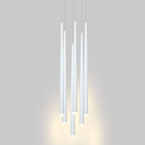 AIRUI 6 Luci Tubo Lungo Lampada A Sospensione LED Moderna Cono Illuminazione A Soffitto Regolabile Luce Pendente per Soggiorno Tavolo da Pranzo Tromba delle Scale,White+Warm White 3000K-18W