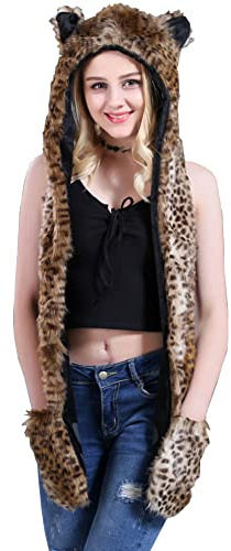 iNelihoo 3-in-1 Damen Winter Kapuzenschal mit Fäustlingen Thermal Kunstpelz Kapuzenschal Neckwarmer Hoodie Tasche Warmer Outdoor-Ohrschal Winddicht Kälteschutz Mütze Schal Handschuhe Set