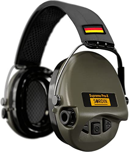 Sordin Pro-X Gehörschutz - aktiver Kapsel-Gehörschützer - graues Kopfband mit DE-Flagge - grüne Kapseln