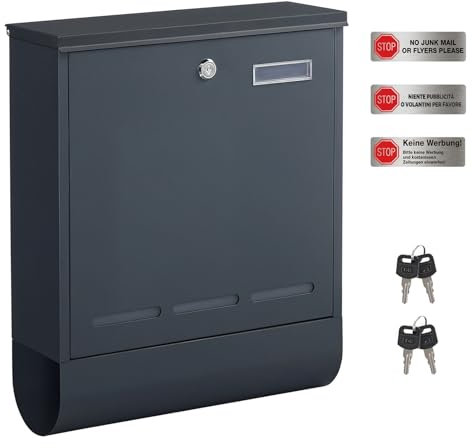 SONGMICS Briefkasten mit Zeitungsfach und Namensschild, Postkasten mit 4 Schlüsseln, Keine Werbung Aufkleber, leichte Montage, anthrazit GMB060G01V1