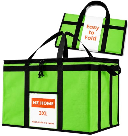NZ home PRO Large Insulated Food Delivery Bag (2XL, Green, 1 Pack) | Thermal bag, For food delivery & travel, Water-resistant, Soft sided, Large cool bag, Grocery bag with zippered top