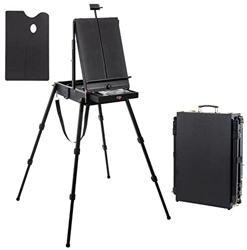 Falling in Art Französische Staffelei mit 4 Beinen – tragbarer Plein Air Studio Staffelei Ständer mit größerer Schublade für Skizzenbox, Reisestaffelei zum Malen, Zeichnen, Kunstwerk Display